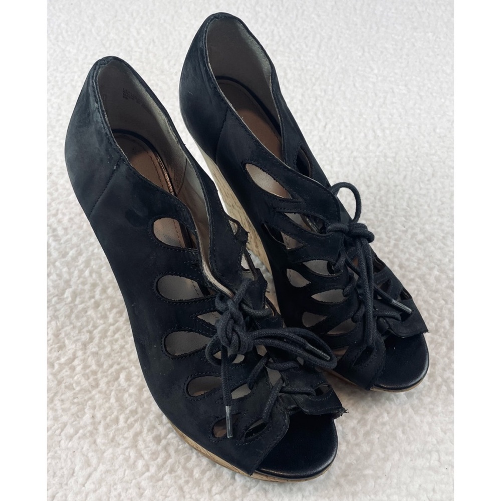 HINGE • Lea Black Suede Leather Lace-Up Cork Sandal Wedges, 8 - Picture 8 of 16